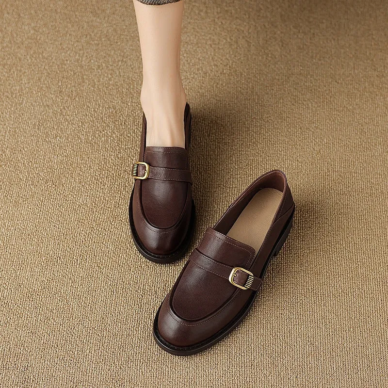 Soft Leather Loafers for Women with Metal Buckle in Brown/Black