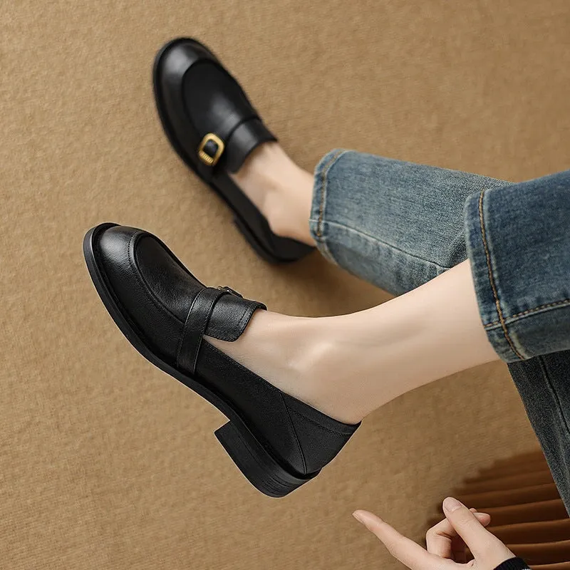 Soft Leather Loafers for Women with Metal Buckle in Brown/Black