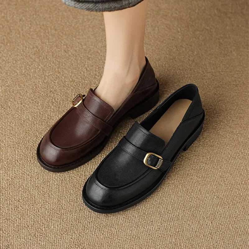 Soft Leather Loafers for Women with Metal Buckle in Brown/Black