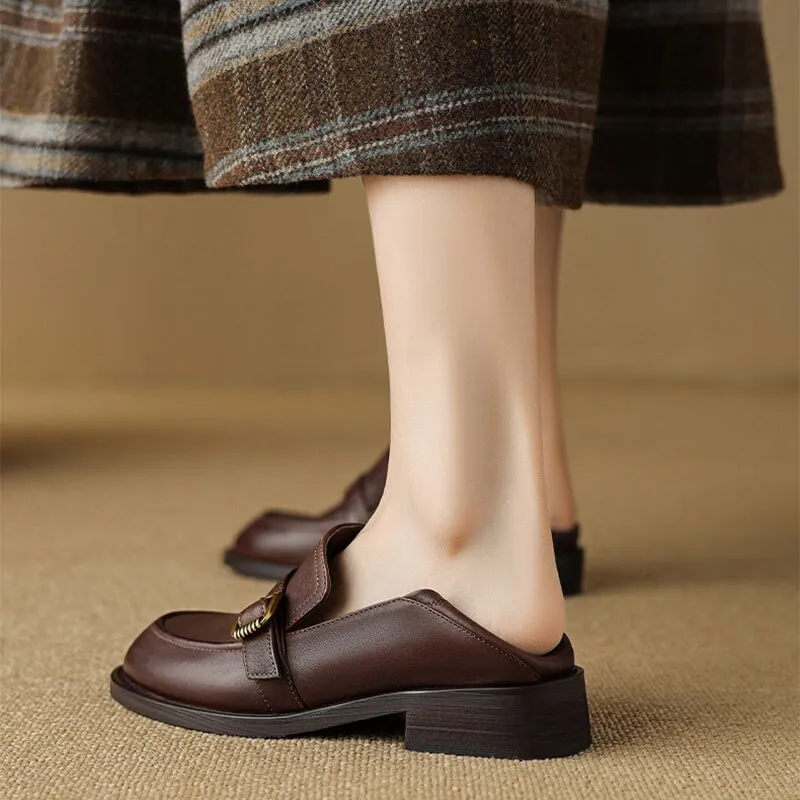 Soft Leather Loafers for Women with Metal Buckle in Brown/Black