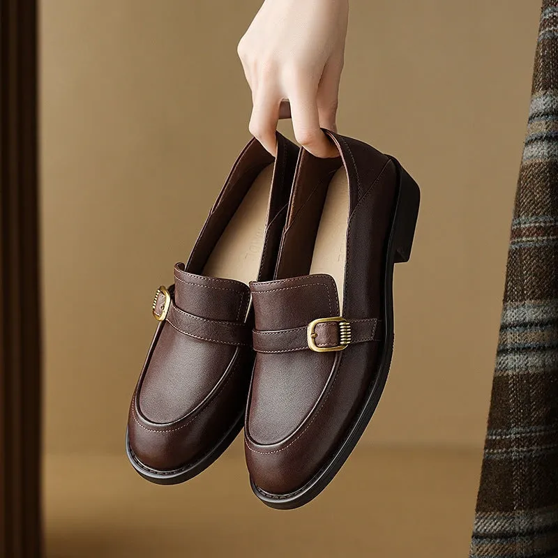 Soft Leather Loafers for Women with Metal Buckle in Brown/Black