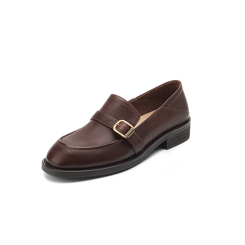 Soft Leather Loafers for Women with Metal Buckle in Brown/Black