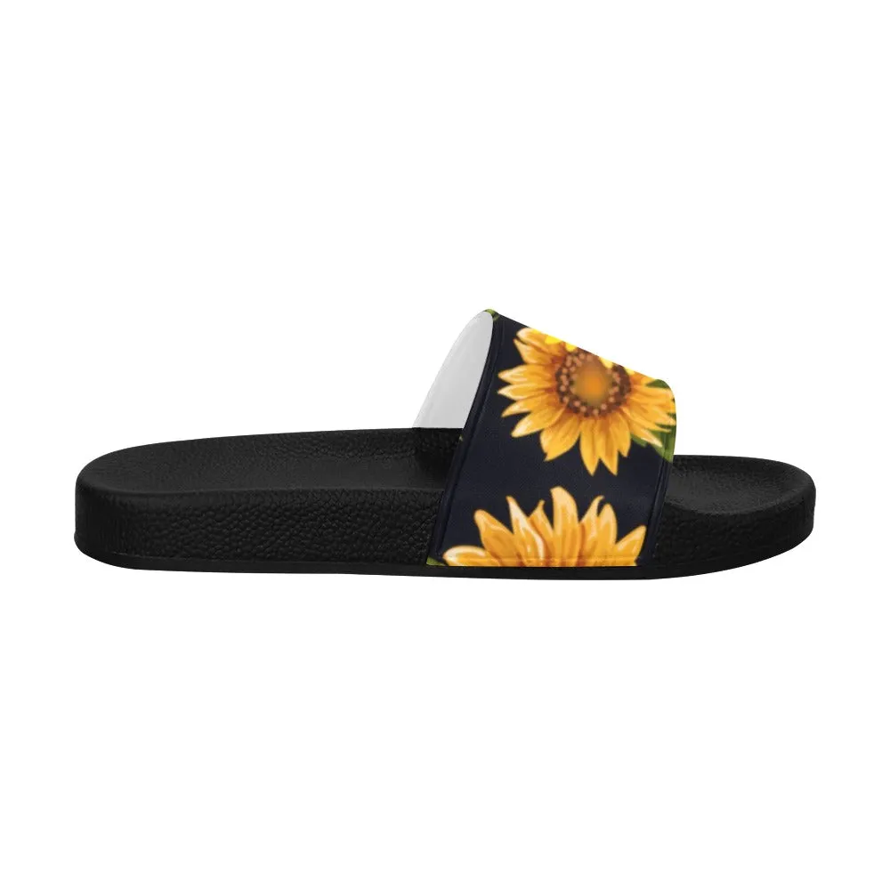 Sunflower Women Slide Sandals, Yellow Flower Floral Shoes Flat Wedge Slides Flip Flops Slip On Vegan Slipper Ladies