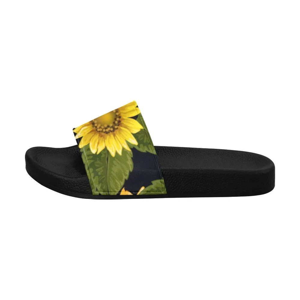 Sunflower Women Slide Sandals, Yellow Flower Floral Shoes Flat Wedge Slides Flip Flops Slip On Vegan Slipper Ladies