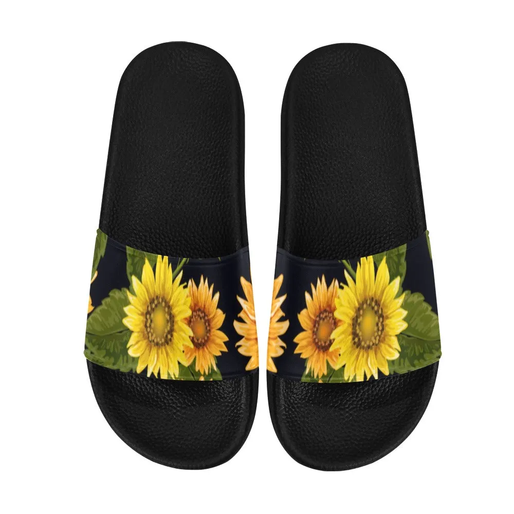 Sunflower Women Slide Sandals, Yellow Flower Floral Shoes Flat Wedge Slides Flip Flops Slip On Vegan Slipper Ladies