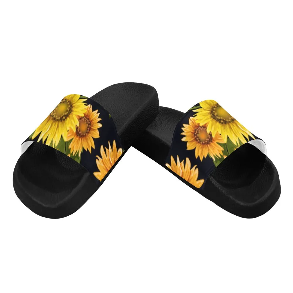 Sunflower Women Slide Sandals, Yellow Flower Floral Shoes Flat Wedge Slides Flip Flops Slip On Vegan Slipper Ladies