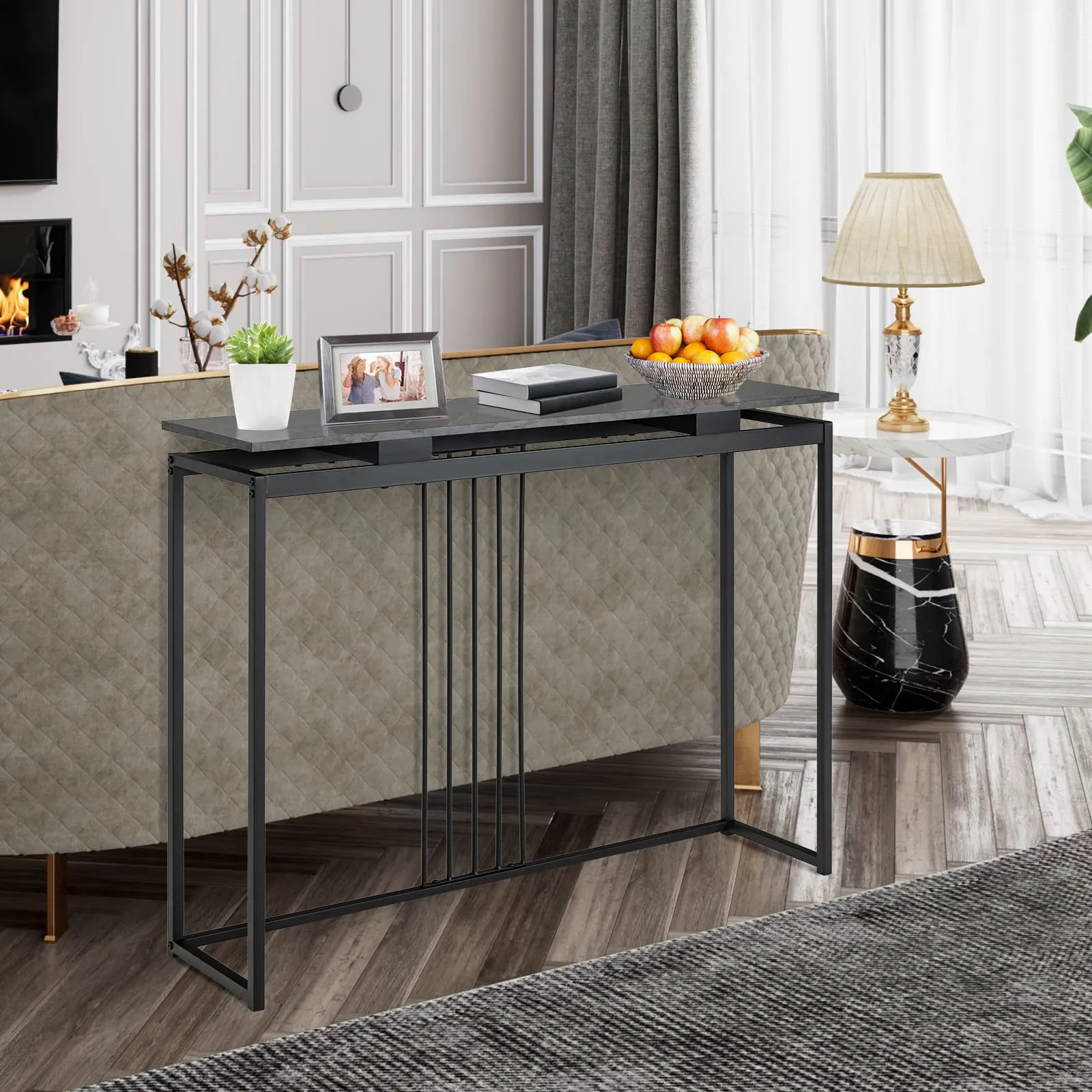 Tangkula 48"Console Table, Slim Sofa Table with Anti-Toppling Kit, Faux Marble Entryway Table