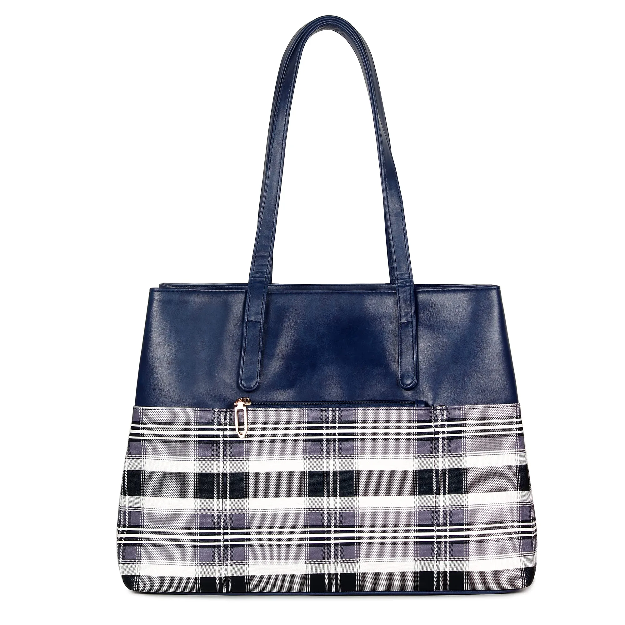 THE CLOWNFISH Gloria Handbag for Women Office Bag Ladies Shoulder Bag Tote For Women College Girls (Checks Design- Navy Blue)