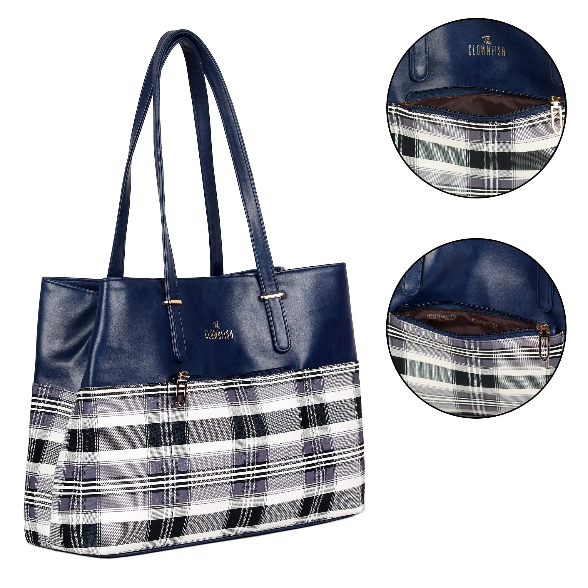 THE CLOWNFISH Gloria Handbag for Women Office Bag Ladies Shoulder Bag Tote For Women College Girls (Checks Design- Navy Blue)