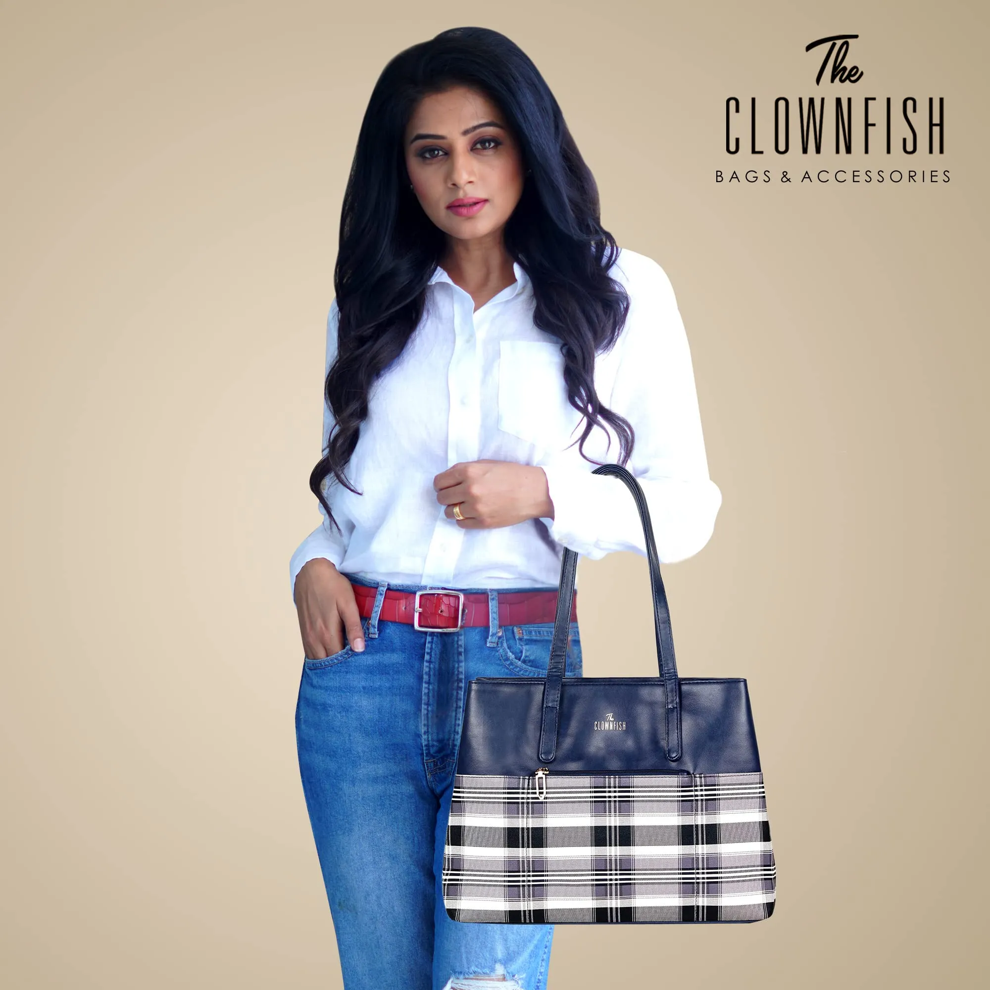 THE CLOWNFISH Gloria Handbag for Women Office Bag Ladies Shoulder Bag Tote For Women College Girls (Checks Design- Navy Blue)