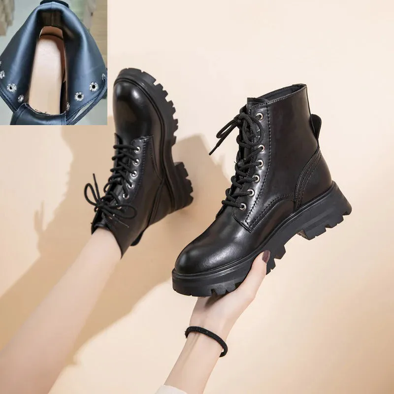 Thick Sole Vegan Leather Winter Lace-Up Ankle Boots