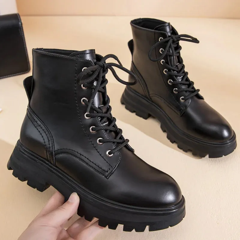 Thick Sole Vegan Leather Winter Lace-Up Ankle Boots