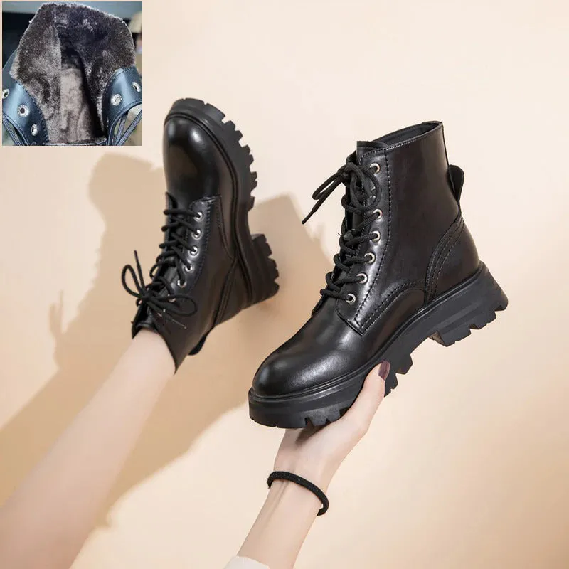 Thick Sole Vegan Leather Winter Lace-Up Ankle Boots