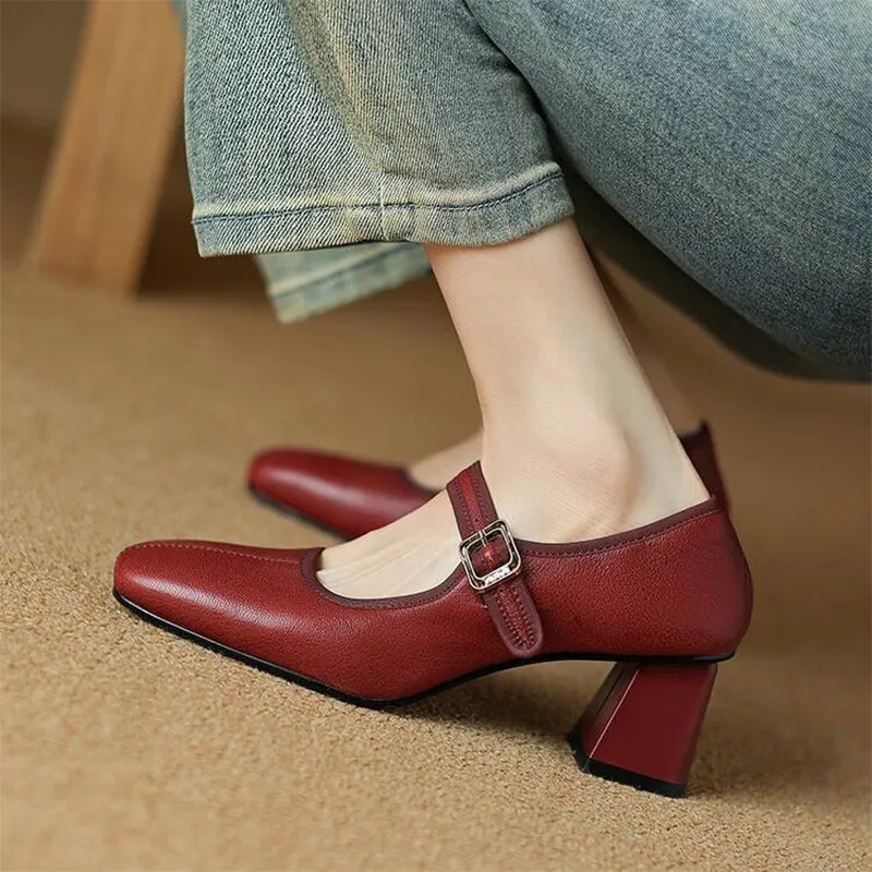 Vintage Sheepskin Square Toe 60mm Block Heel Mary Jane in Black/ Wine Red