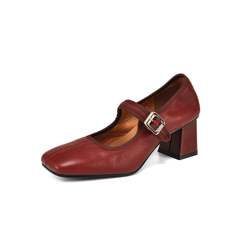 Vintage Sheepskin Square Toe 60mm Block Heel Mary Jane in Black/ Wine Red