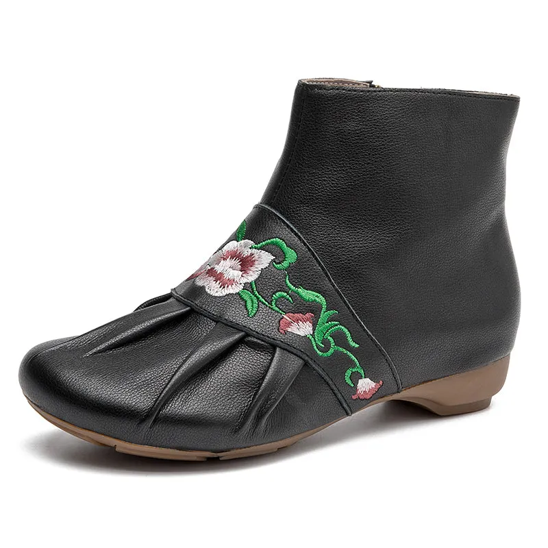 Vintage Women's Leather Ankle Flat Boots With Embroidery Flowers in Black/Coffee