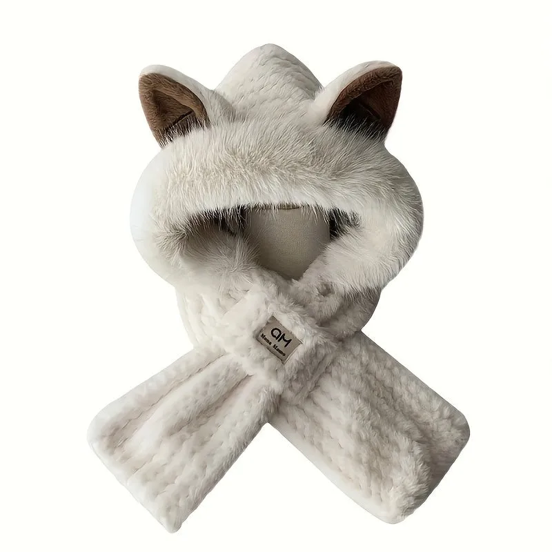 Winter Cartoon Ears Furry Hat Scarf Set - Soft, Lightweight, Elastic Drawstring Closure, Embossed Polyester, Perfect for Valentines Day Outdoor Activities