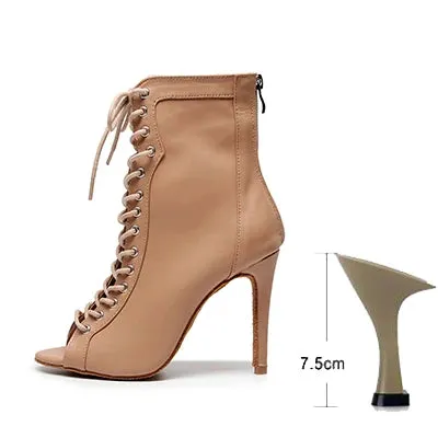 Woman Beige Black Latin Dance Booties Women Open Toe Lace Up Stiletto Bootie for Girls Suede Sole High Heel Dance Boots Shoes