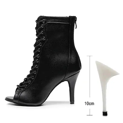 Woman Beige Black Latin Dance Booties Women Open Toe Lace Up Stiletto Bootie for Girls Suede Sole High Heel Dance Boots Shoes