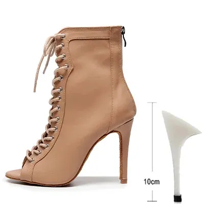 Woman Beige Black Latin Dance Booties Women Open Toe Lace Up Stiletto Bootie for Girls Suede Sole High Heel Dance Boots Shoes