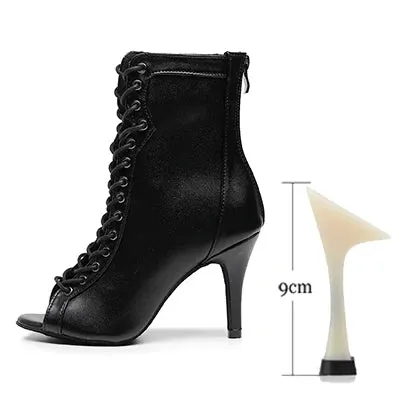 Woman Beige Black Latin Dance Booties Women Open Toe Lace Up Stiletto Bootie for Girls Suede Sole High Heel Dance Boots Shoes