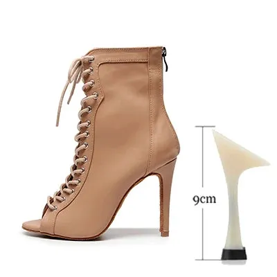 Woman Beige Black Latin Dance Booties Women Open Toe Lace Up Stiletto Bootie for Girls Suede Sole High Heel Dance Boots Shoes