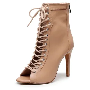 Woman Beige Black Latin Dance Booties Women Open Toe Lace Up Stiletto Bootie for Girls Suede Sole High Heel Dance Boots Shoes