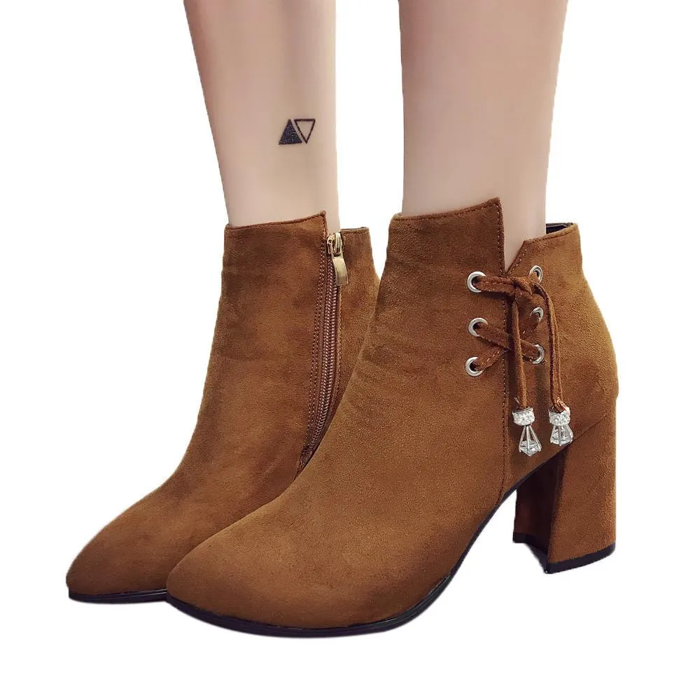 Women Boots Casual Shoes Martin Boots Suede Ankle Boots High Heeled Zipper Boot