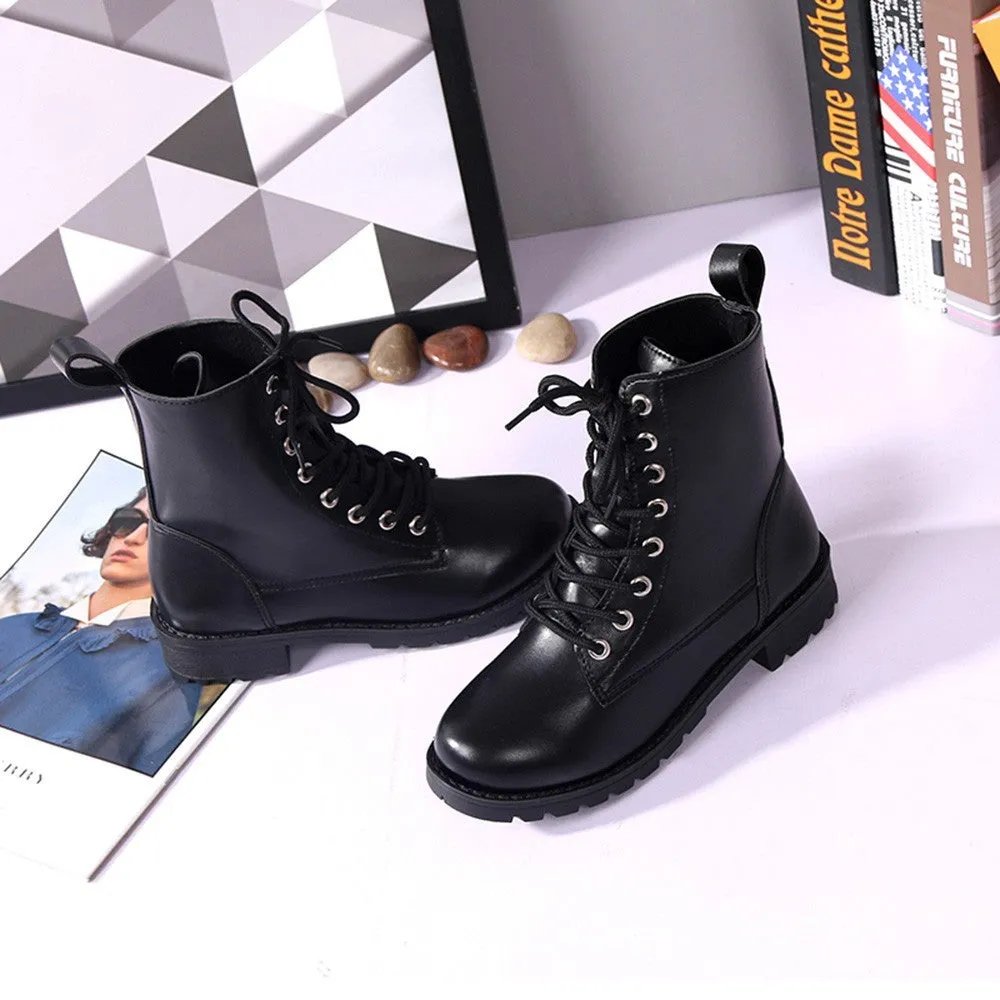  Women Fashion Solid Leather Middle Lace-Up Thick Martin Boots Round Toe Shoes  