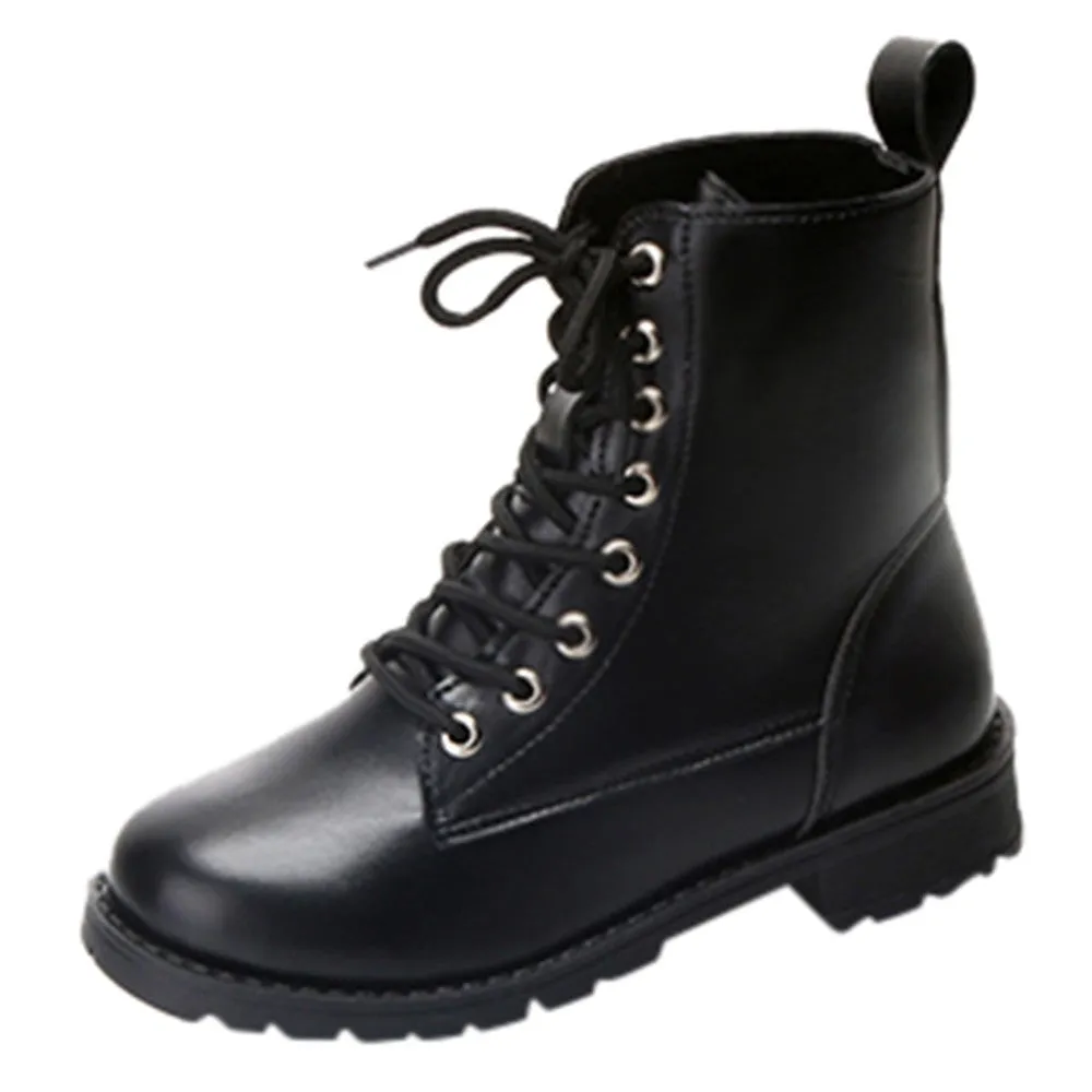  Women Fashion Solid Leather Middle Lace-Up Thick Martin Boots Round Toe Shoes  