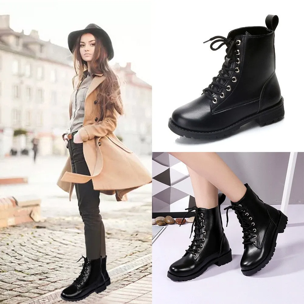  Women Fashion Solid Leather Middle Lace-Up Thick Martin Boots Round Toe Shoes  