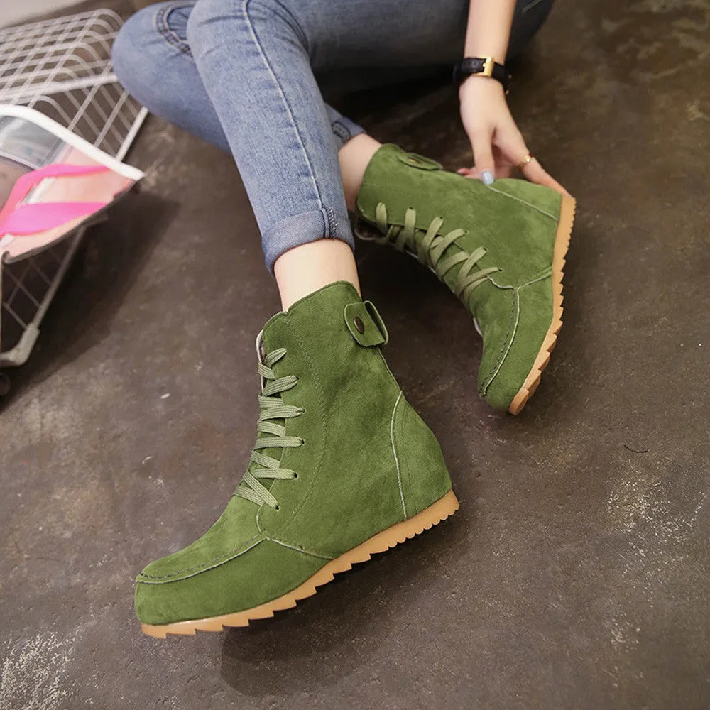 Women Flat Ankle Snow Motorcycle Boots Female Suede Leather Lace-Up Boot